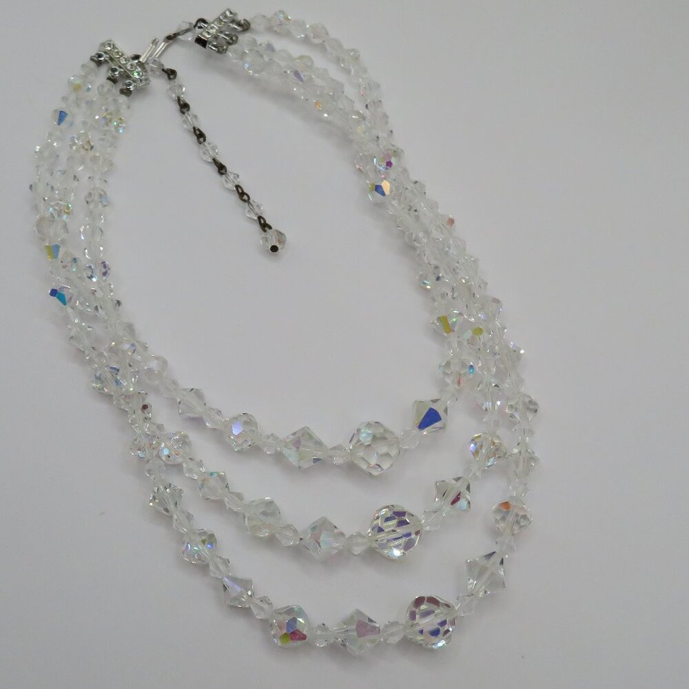 Vintage Aurora Borealis Beaded Triple Strand Choker Style Necklace